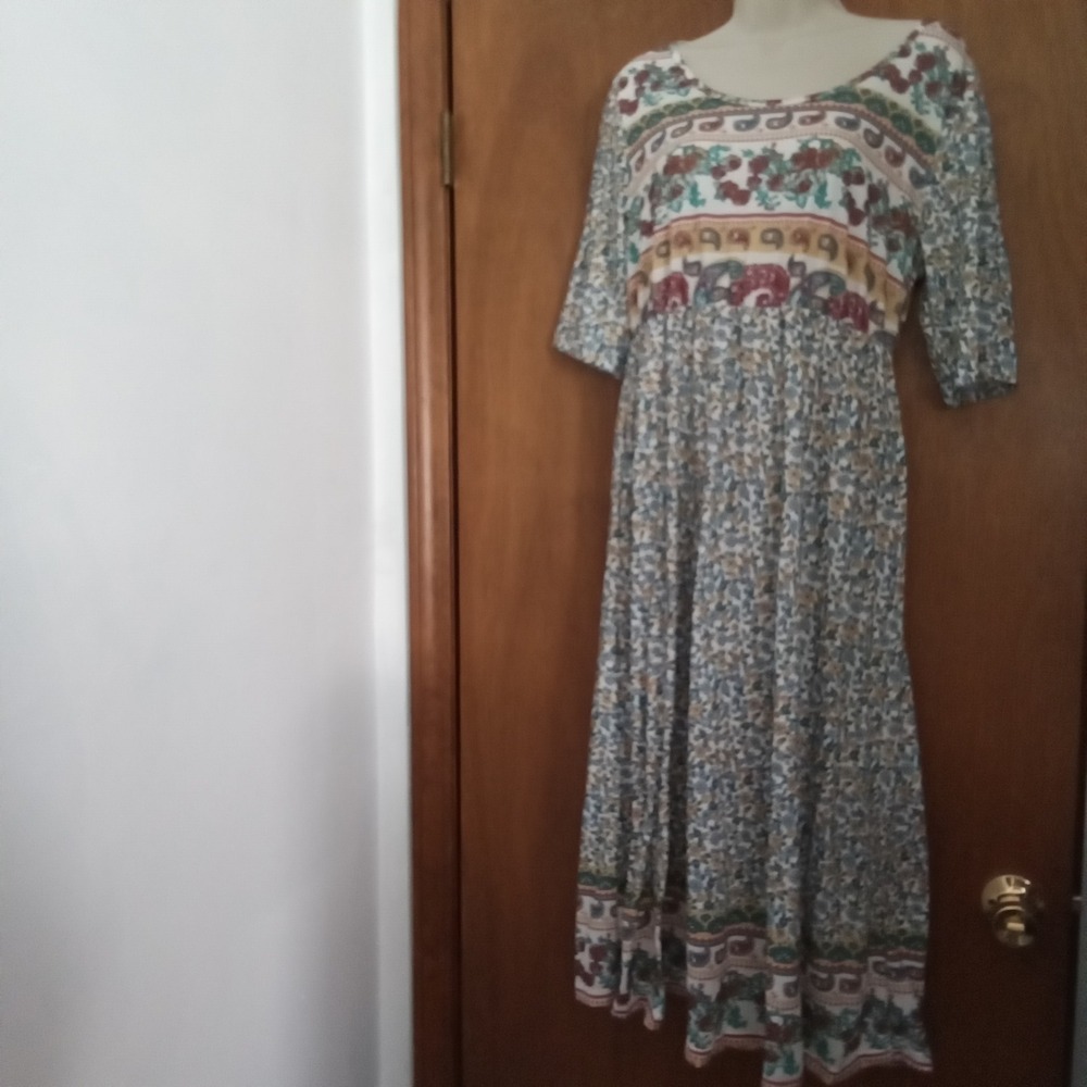 Boho Floral Paisley Mixed Print Midi Dress Women Medium Empire Waist Half Sleeve